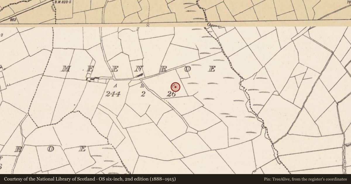 Ordnance Survey six-inch map, 2nd edition (1888–1915) covering the location of Fulacht fia, Meenroe, County Cork, with a pin at the register's coordinates