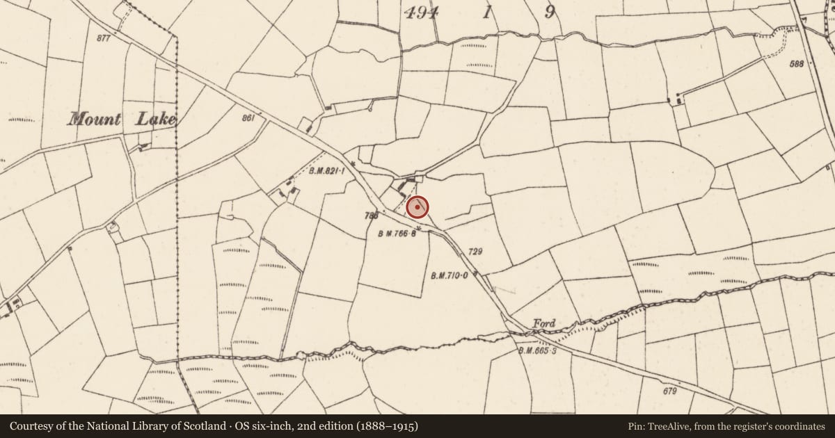 Ordnance Survey six-inch map, 2nd edition (1888–1915) covering the location of Fulacht fia, Meengorman, County Cork, with a pin at the register's coordinates