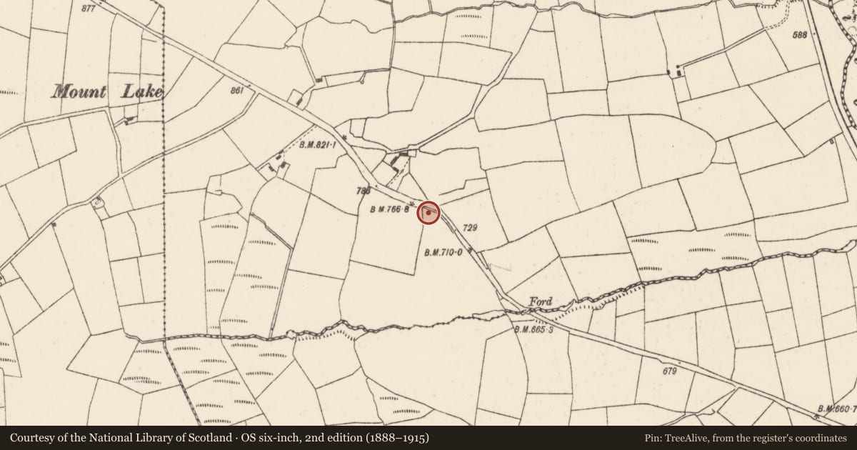 Ordnance Survey six-inch map, 2nd edition (1888–1915) covering the location of Fulacht fia, Meengorman, County Cork, with a pin at the register's coordinates