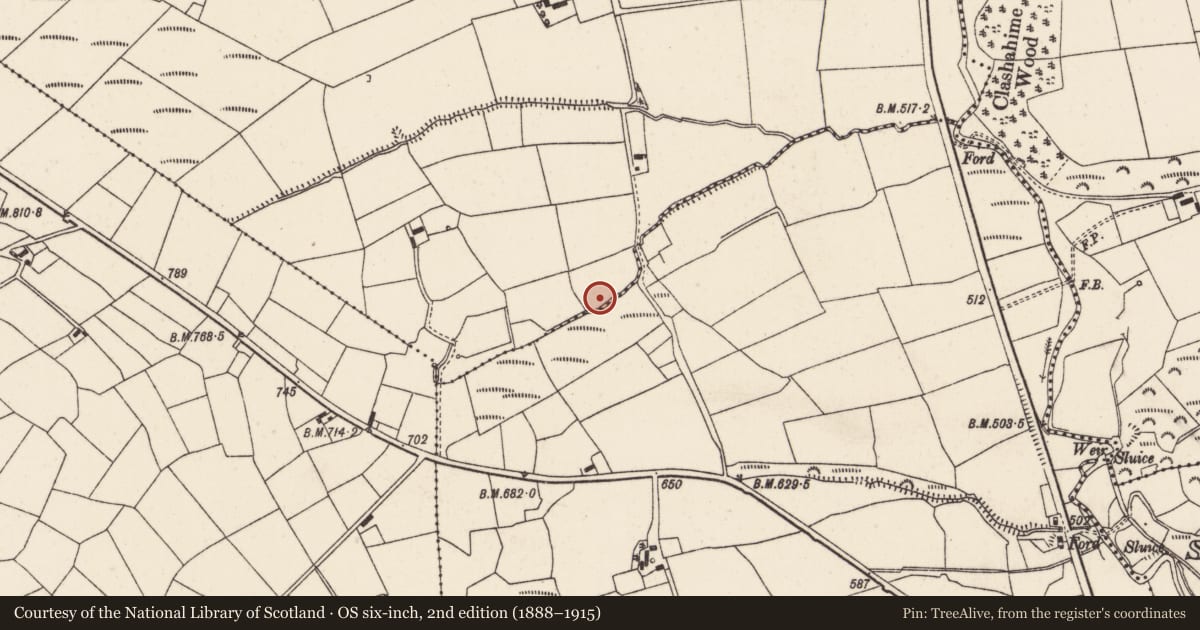Ordnance Survey six-inch map, 2nd edition (1888–1915) covering the location of Fulacht fia, Meens (Duhallow By., Clonfert Par.), County Cork, with a pin at the register's coordinates
