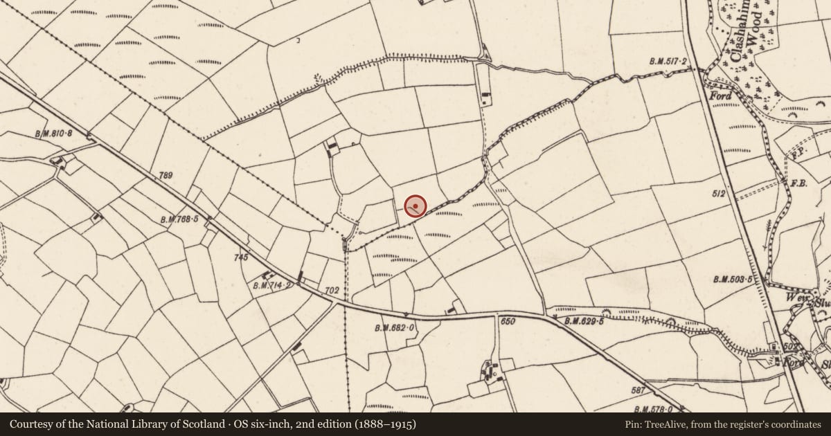 Ordnance Survey six-inch map, 2nd edition (1888–1915) covering the location of Fulacht fia, Meens (Duhallow By., Clonfert Par.), County Cork, with a pin at the register's coordinates