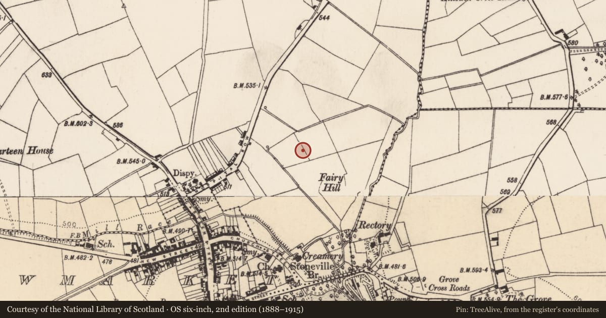 Ordnance Survey six-inch map, 2nd edition (1888–1915) covering the location of Fulacht fia, Scarteen Lower, County Cork, with a pin at the register's coordinates