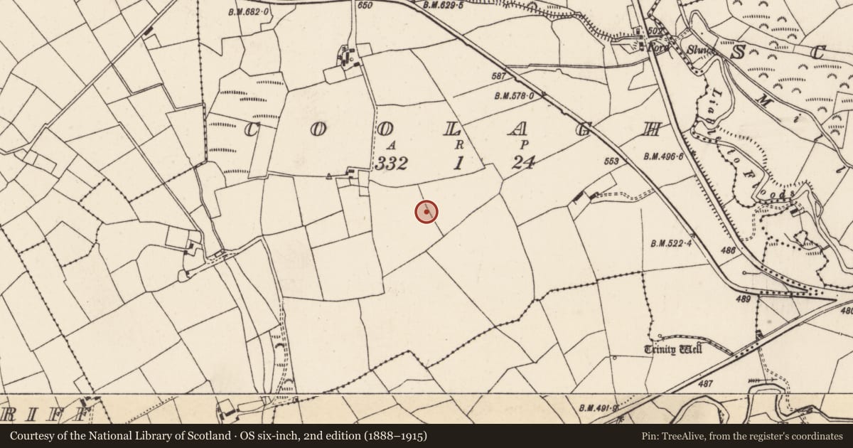 Ordnance Survey six-inch map, 2nd edition (1888–1915) covering the location of Barrow - ring-barrow, Coolagh, County Cork, with a pin at the register's coordinates