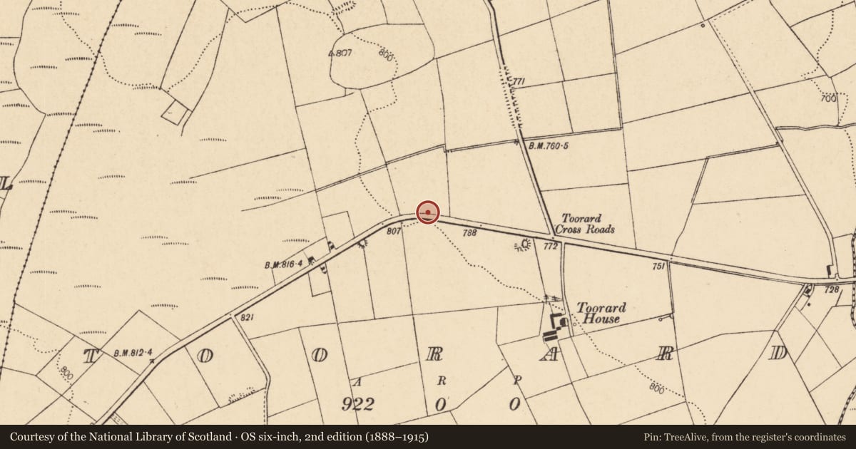 Ordnance Survey six-inch map, 2nd edition (1888–1915) covering the location of Fulacht fia, Toorard, County Cork, with a pin at the register's coordinates