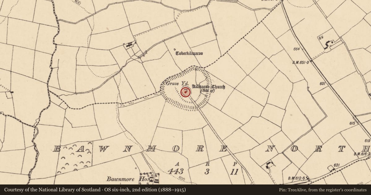 Ordnance Survey six-inch map, 2nd edition (1888–1915) covering the location of Graveyard, Bawnmore North, County Cork, with a pin at the register's coordinates
