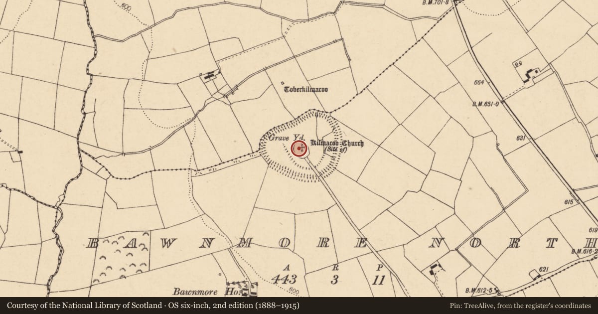 Ordnance Survey six-inch map, 2nd edition (1888–1915) covering the location of Souterrain, Bawnmore North, County Cork, with a pin at the register's coordinates