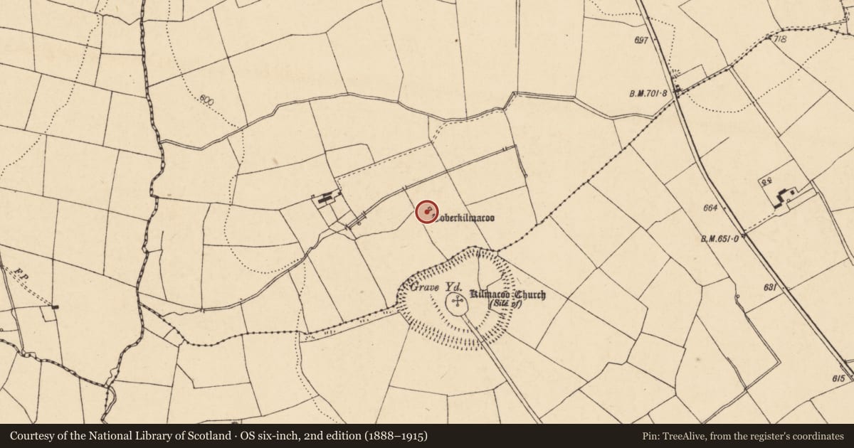 Ordnance Survey six-inch map, 2nd edition (1888–1915) covering the location of Ritual site - holy well, Curraheen, County Cork, with a pin at the register's coordinates