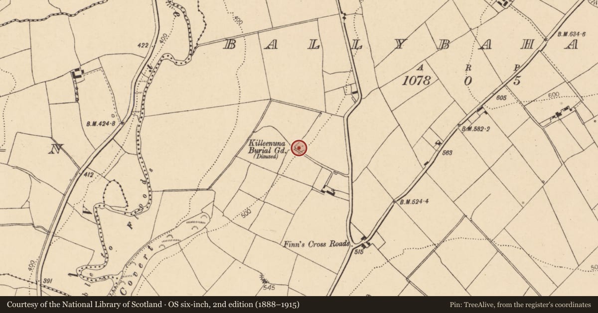 Ordnance Survey six-inch map, 2nd edition (1888–1915) covering the location of Burial ground, Ballybahallagh, County Cork, with a pin at the register's coordinates