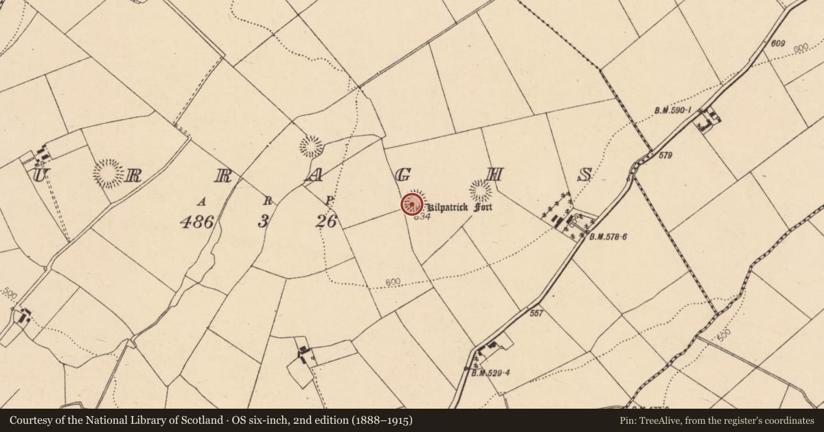 Ordnance Survey six-inch map, 2nd edition (1888–1915) covering the location of Burial ground, Curraghs, County Cork, with a pin at the register's coordinates