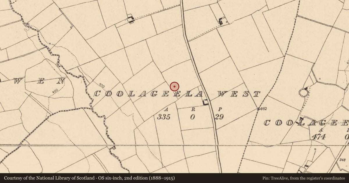 Ordnance Survey six-inch map, 2nd edition (1888–1915) covering the location of Fulacht fia, Coolageela West, County Cork, with a pin at the register's coordinates
