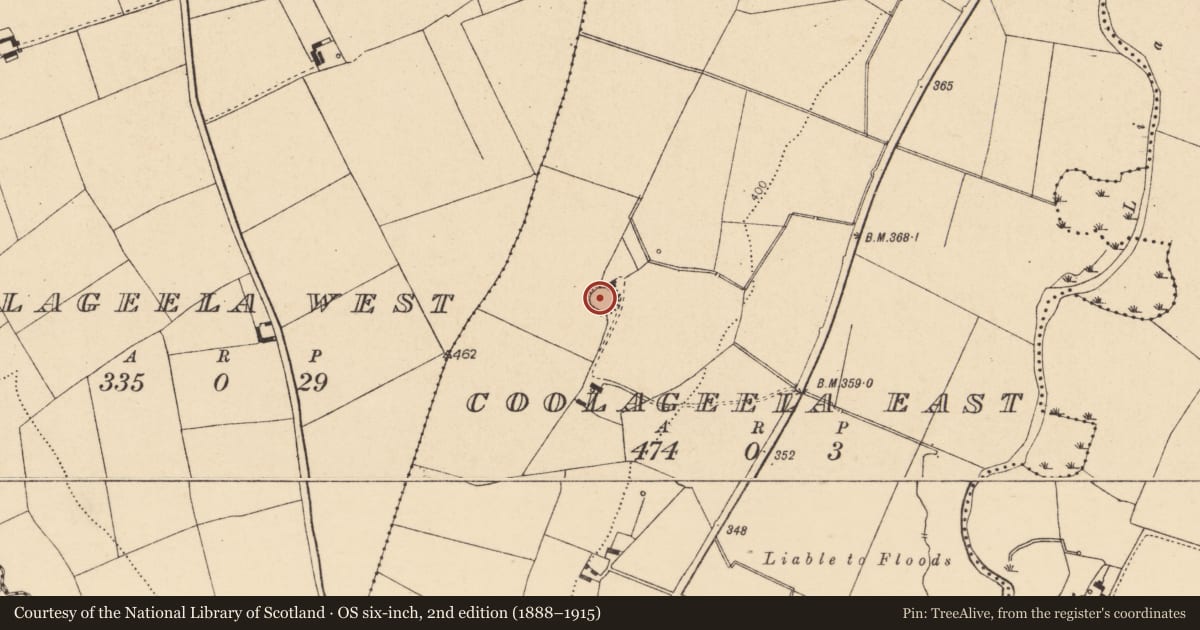 Ordnance Survey six-inch map, 2nd edition (1888–1915) covering the location of Ringfort - rath, Coolageela East, County Cork, with a pin at the register's coordinates