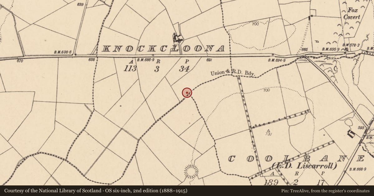 Ordnance Survey six-inch map, 2nd edition (1888–1915) covering the location of Fulacht fia, Knockcloona, County Cork, with a pin at the register's coordinates