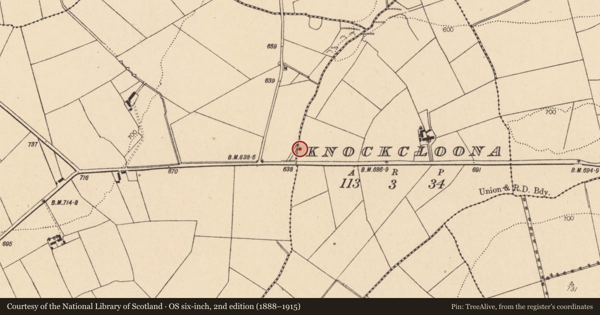Ordnance Survey six-inch map, 2nd edition (1888–1915) covering the location of Fulacht fia, Knockcloona, County Cork, with a pin at the register's coordinates