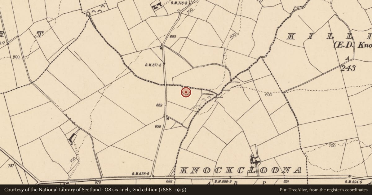 Ordnance Survey six-inch map, 2nd edition (1888–1915) covering the location of Enclosure, Ballybahallagh, County Cork, with a pin at the register's coordinates