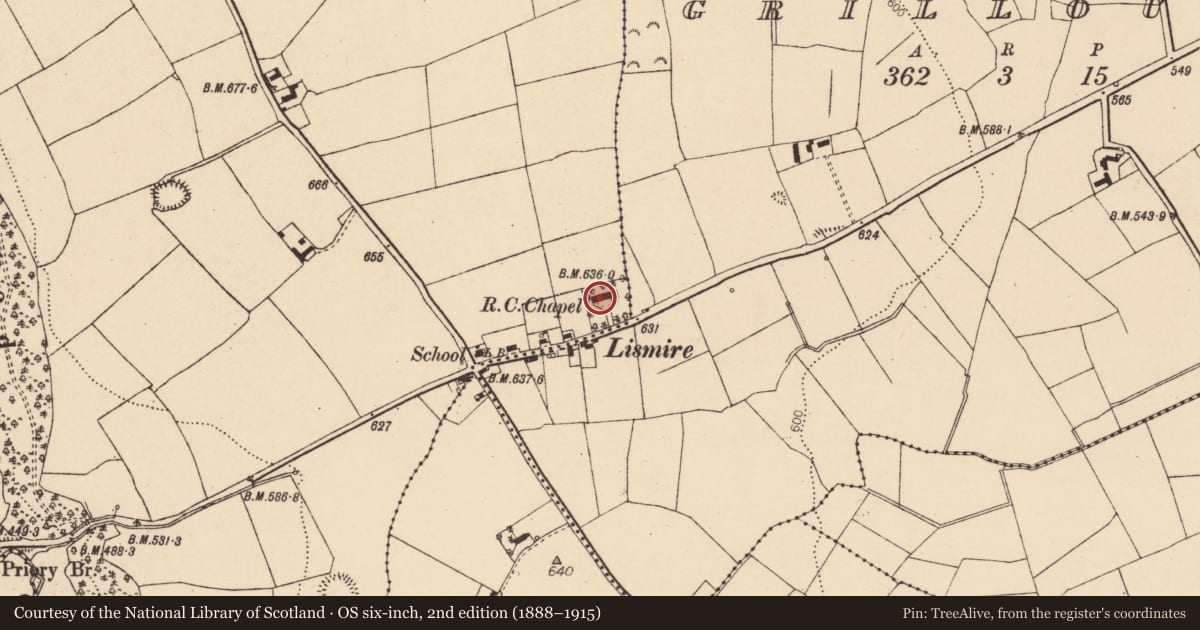 Ordnance Survey six-inch map, 2nd edition (1888–1915) covering the location of Church, Lismire, County Cork, with a pin at the register's coordinates
