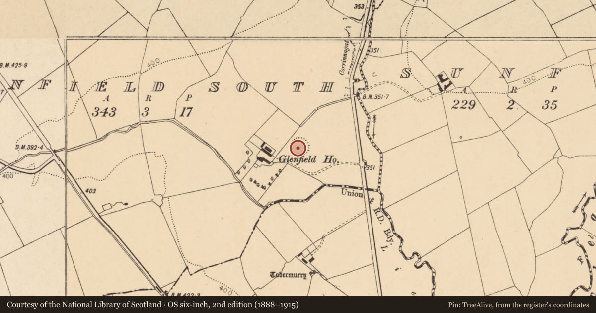 Ordnance Survey six-inch map, 2nd edition (1888–1915) covering the location of Ringfort - rath, Glenfield South, County Cork, with a pin at the register's coordinates