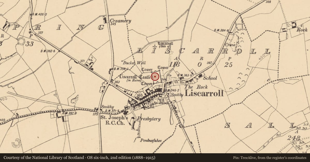 Ordnance Survey six-inch map, 2nd edition (1888–1915) covering the location of Castle - Anglo-Norman masonry castle, Liscarroll, County Cork, with a pin at the register's coordinates