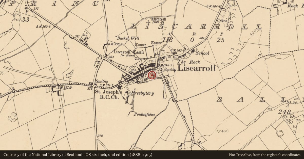 Ordnance Survey six-inch map, 2nd edition (1888–1915) covering the location of Graveyard, Coolbane, County Cork, with a pin at the register's coordinates