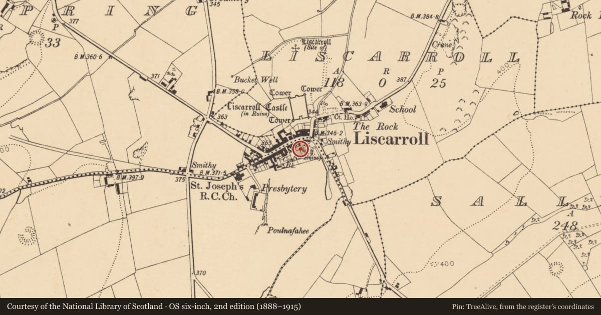 Ordnance Survey six-inch map, 2nd edition (1888–1915) covering the location of Church, Coolbane, County Cork, with a pin at the register's coordinates