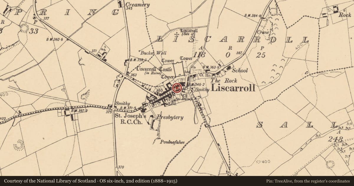 Ordnance Survey six-inch map, 2nd edition (1888–1915) covering the location of Historic town, Coolbane, Liscarroll, County Cork, with a pin at the register's coordinates