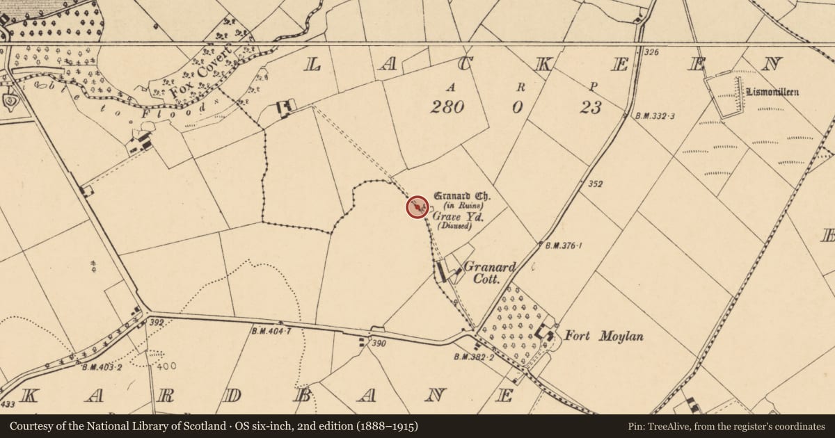 Ordnance Survey six-inch map, 2nd edition (1888–1915) covering the location of Ecclesiastical enclosure, Knockardbane, Lackeen, County Cork, with a pin at the register's coordinates