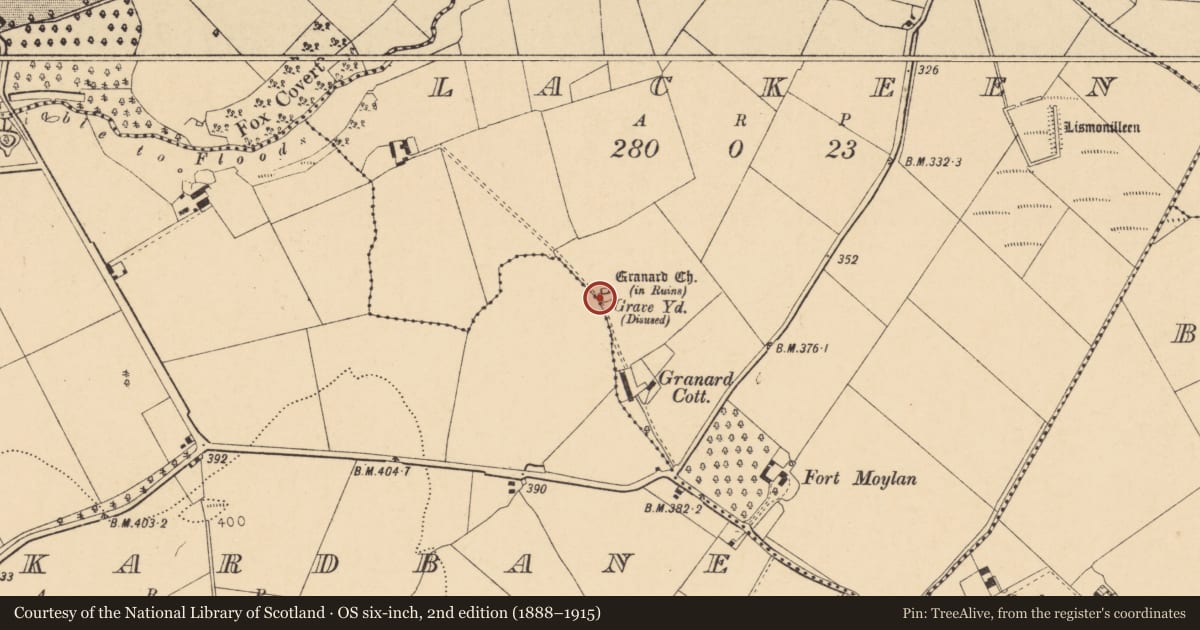 Ordnance Survey six-inch map, 2nd edition (1888–1915) covering the location of Graveyard, Lackeen, County Cork, with a pin at the register's coordinates
