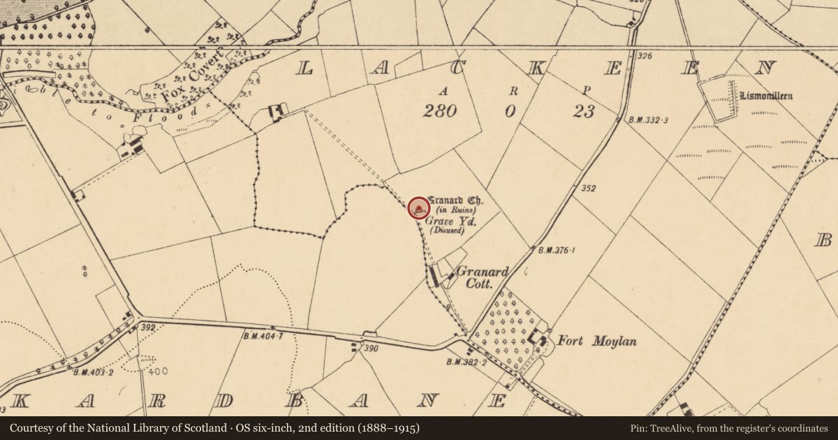 Ordnance Survey six-inch map, 2nd edition (1888–1915) covering the location of Church, Lackeen, County Cork, with a pin at the register's coordinates