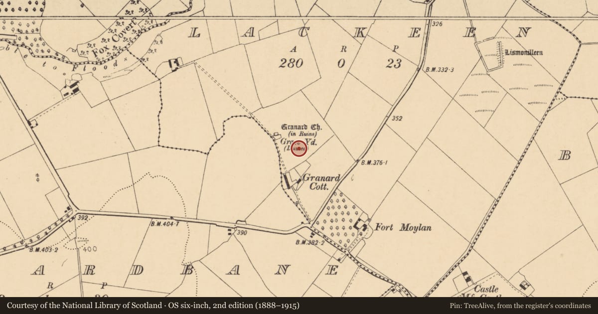 Ordnance Survey six-inch map, 2nd edition (1888–1915) covering the location of Fulacht fia, Lackeen, County Cork, with a pin at the register's coordinates