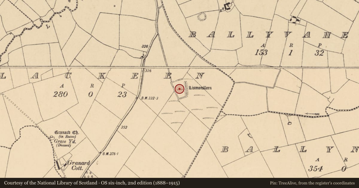 Ordnance Survey six-inch map, 2nd edition (1888–1915) covering the location of Moated site, Lackeen, County Cork, with a pin at the register's coordinates