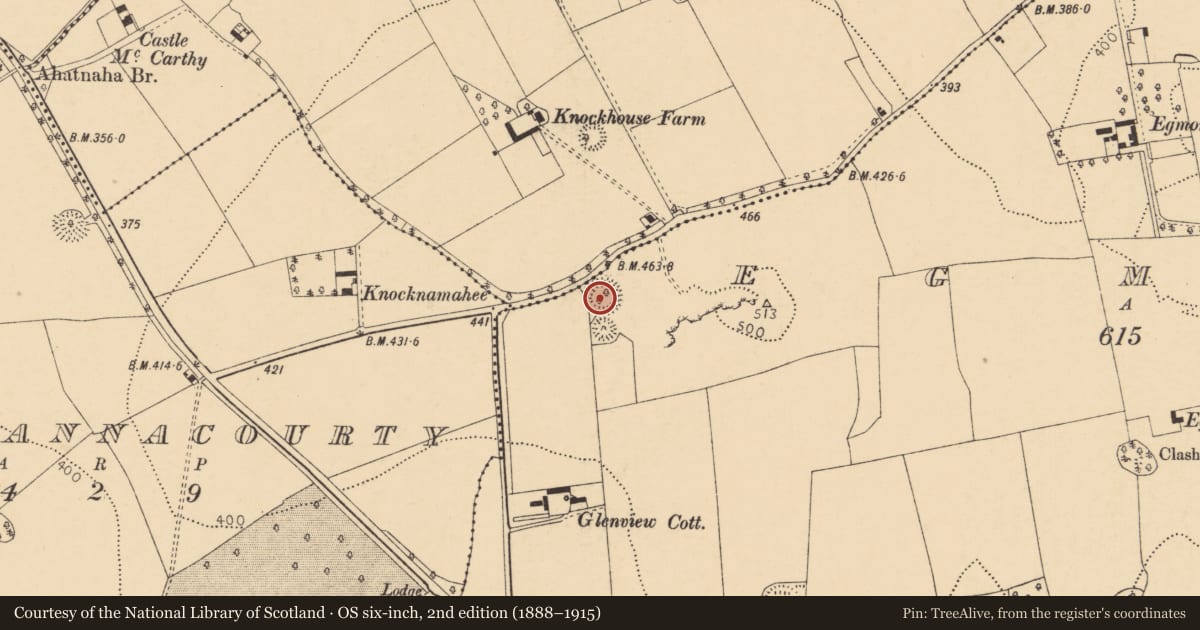 Ordnance Survey six-inch map, 2nd edition (1888–1915) covering the location of Ringfort - rath, Egmont, County Cork, with a pin at the register's coordinates