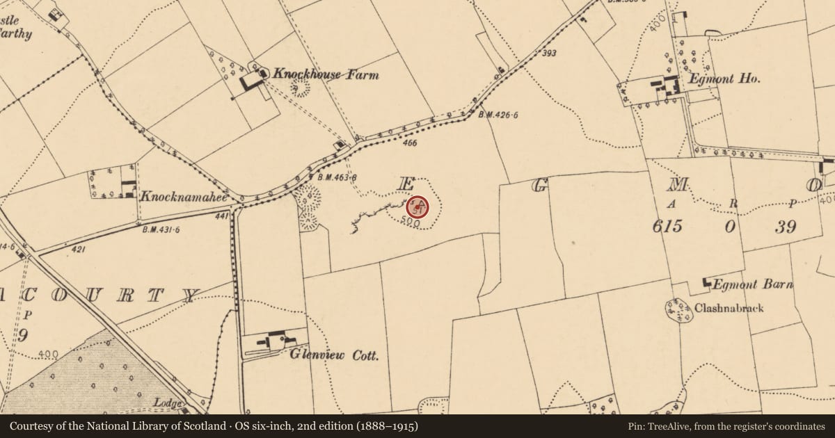 Ordnance Survey six-inch map, 2nd edition (1888–1915) covering the location of Enclosure, Egmont, County Cork, with a pin at the register's coordinates