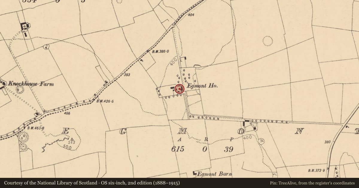 Ordnance Survey six-inch map, 2nd edition (1888–1915) covering the location of Country house, Egmont, County Cork, with a pin at the register's coordinates