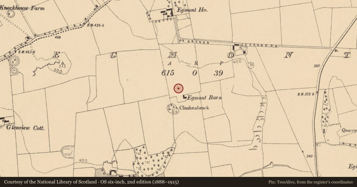 Ordnance Survey six-inch map, 2nd edition (1888–1915) covering the location of Souterrain, Egmont, County Cork, with a pin at the register's coordinates