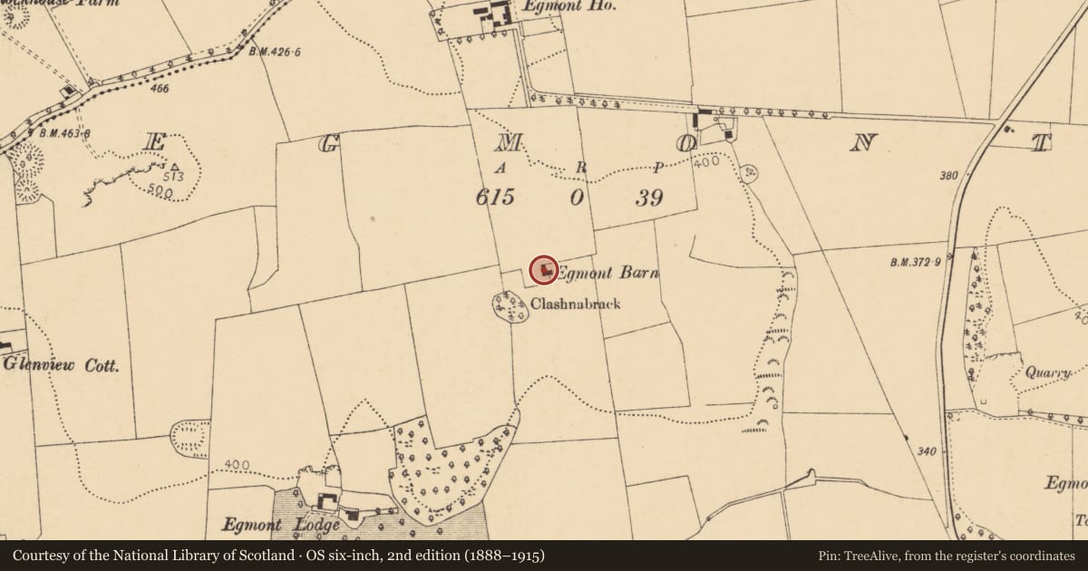 Ordnance Survey six-inch map, 2nd edition (1888–1915) covering the location of Barn, Egmont, County Cork, with a pin at the register's coordinates