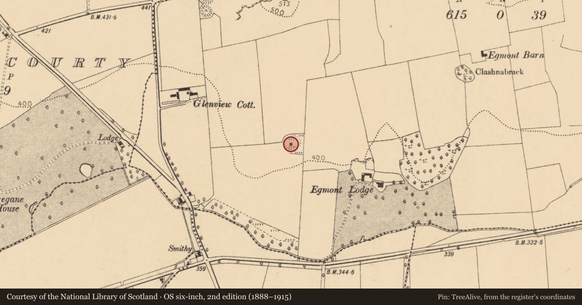 Ordnance Survey six-inch map, 2nd edition (1888–1915) covering the location of Ringfort - rath, Egmont, County Cork, with a pin at the register's coordinates