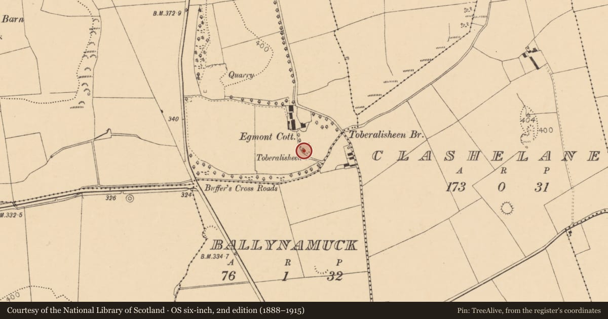 Ordnance Survey six-inch map, 2nd edition (1888–1915) covering the location of Ringfort - rath, Egmont, County Cork, with a pin at the register's coordinates