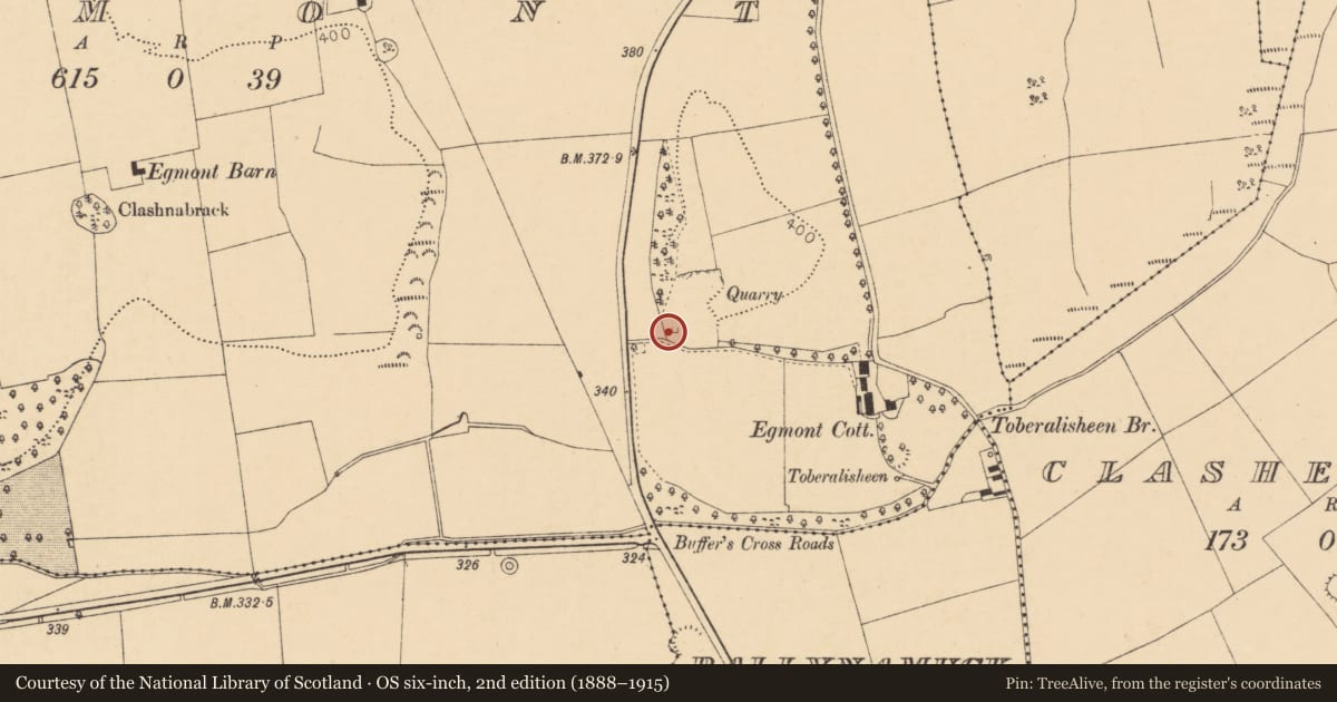 Ordnance Survey six-inch map, 2nd edition (1888–1915) covering the location of Kiln - lime, Egmont, County Cork, with a pin at the register's coordinates