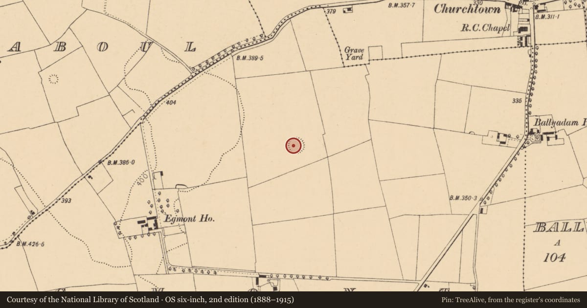 Ordnance Survey six-inch map, 2nd edition (1888–1915) covering the location of Ringfort - rath, Egmont, County Cork, with a pin at the register's coordinates