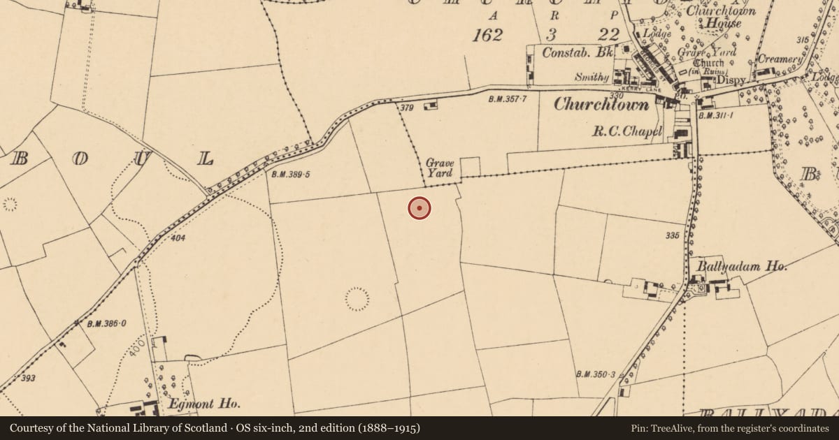 Ordnance Survey six-inch map, 2nd edition (1888–1915) covering the location of Ringfort - rath, Egmont, County Cork, with a pin at the register's coordinates