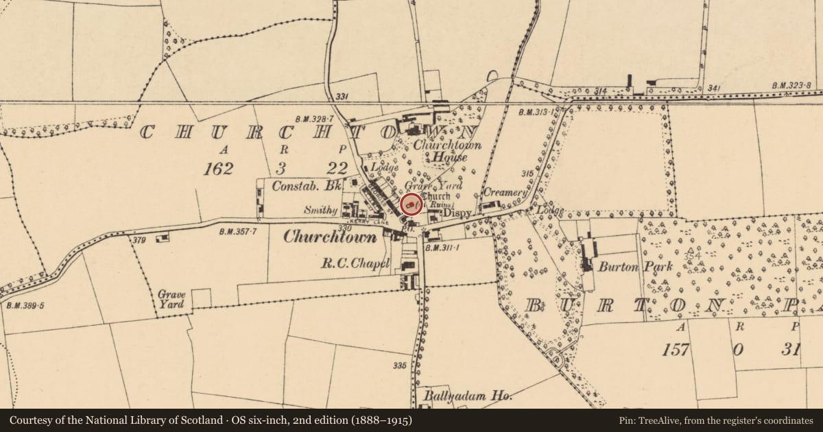 Ordnance Survey six-inch map, 2nd edition (1888–1915) covering the location of Graveyard, Churchtown, County Cork, with a pin at the register's coordinates