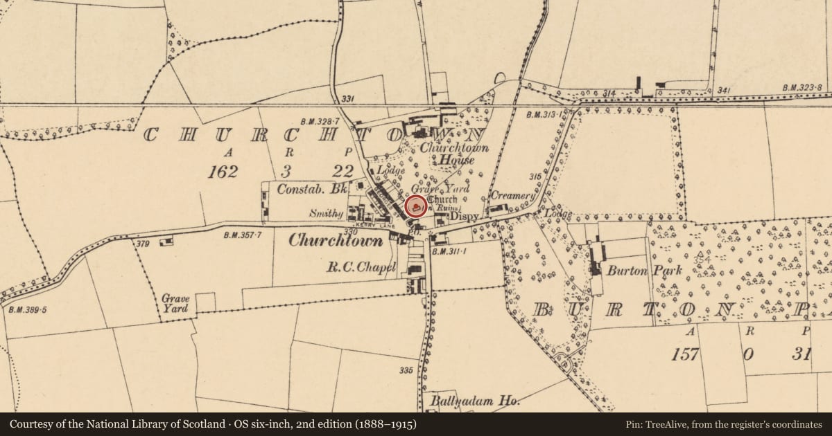 Ordnance Survey six-inch map, 2nd edition (1888–1915) covering the location of Church, Churchtown, County Cork, with a pin at the register's coordinates