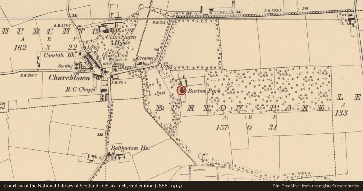 Ordnance Survey six-inch map, 2nd edition (1888–1915) covering the location of Country house, Burton Park, County Cork, with a pin at the register's coordinates