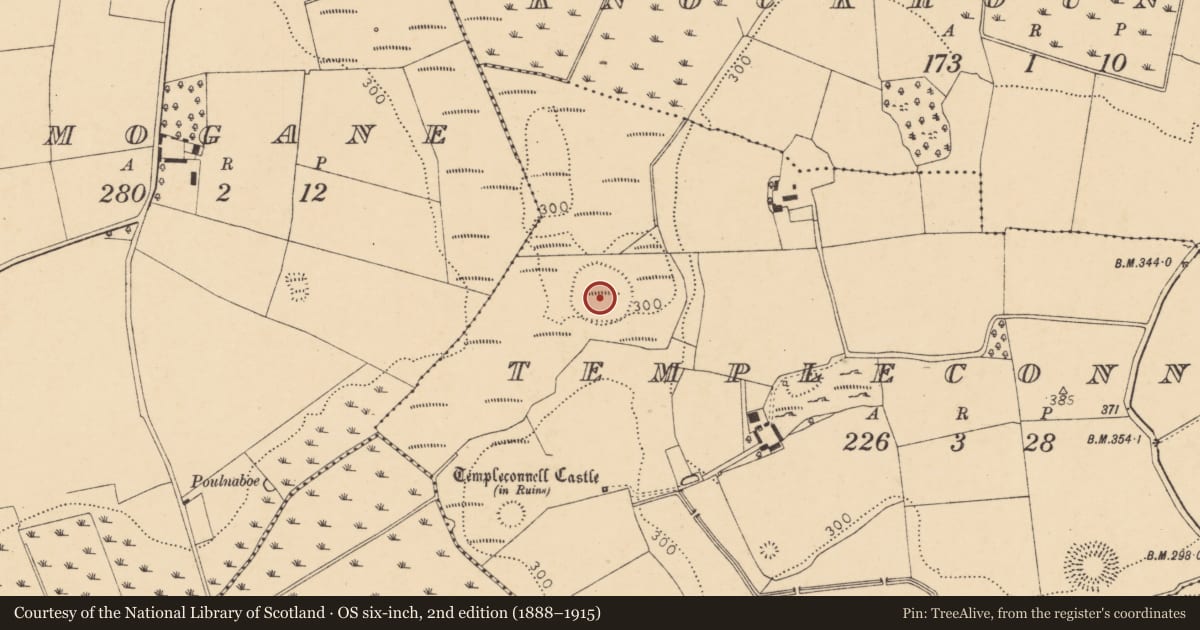 Ordnance Survey six-inch map, 2nd edition (1888–1915) covering the location of Ringfort - rath, Templeconnell, County Cork, with a pin at the register's coordinates