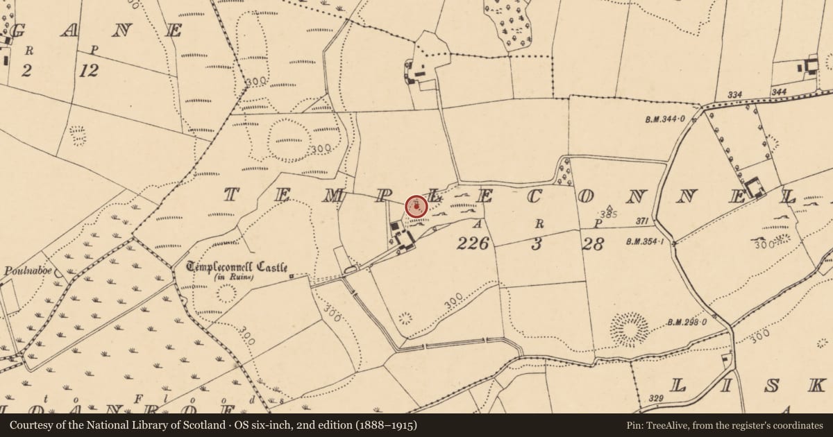 Ordnance Survey six-inch map, 2nd edition (1888–1915) covering the location of Kiln - lime, Templeconnell, County Cork, with a pin at the register's coordinates