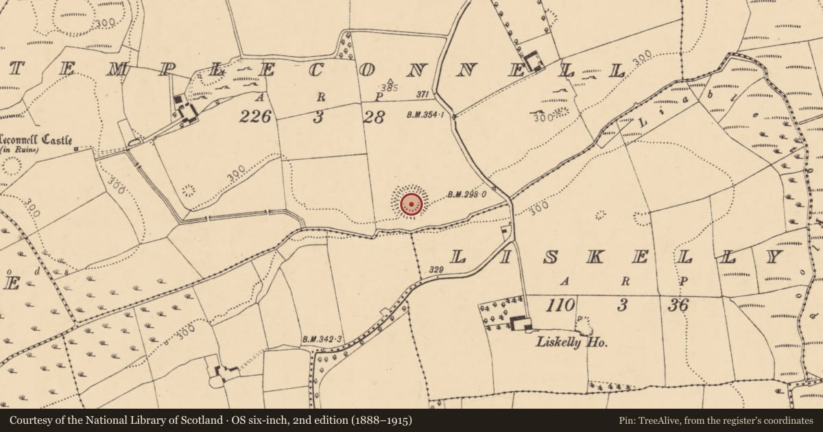 Ordnance Survey six-inch map, 2nd edition (1888–1915) covering the location of Ringfort - rath, Templeconnell, County Cork, with a pin at the register's coordinates