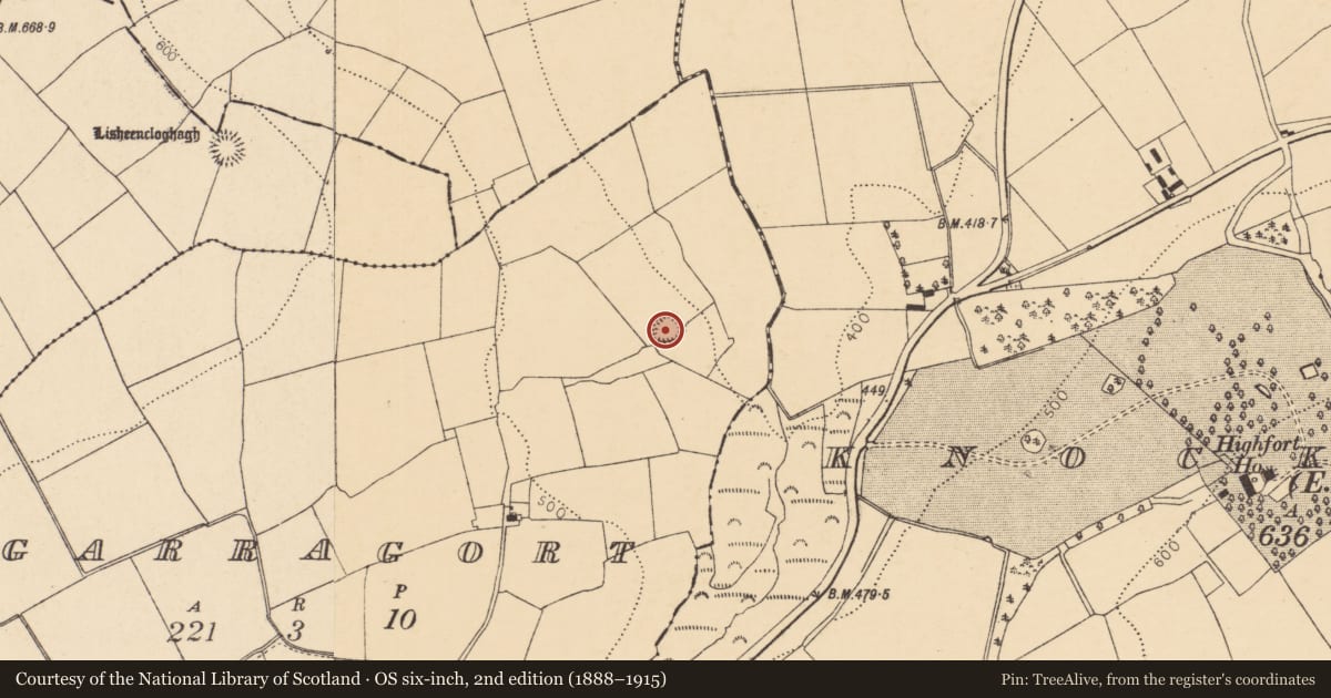 Ordnance Survey six-inch map, 2nd edition (1888–1915) covering the location of Ringfort - rath, Garragort, County Cork, with a pin at the register's coordinates