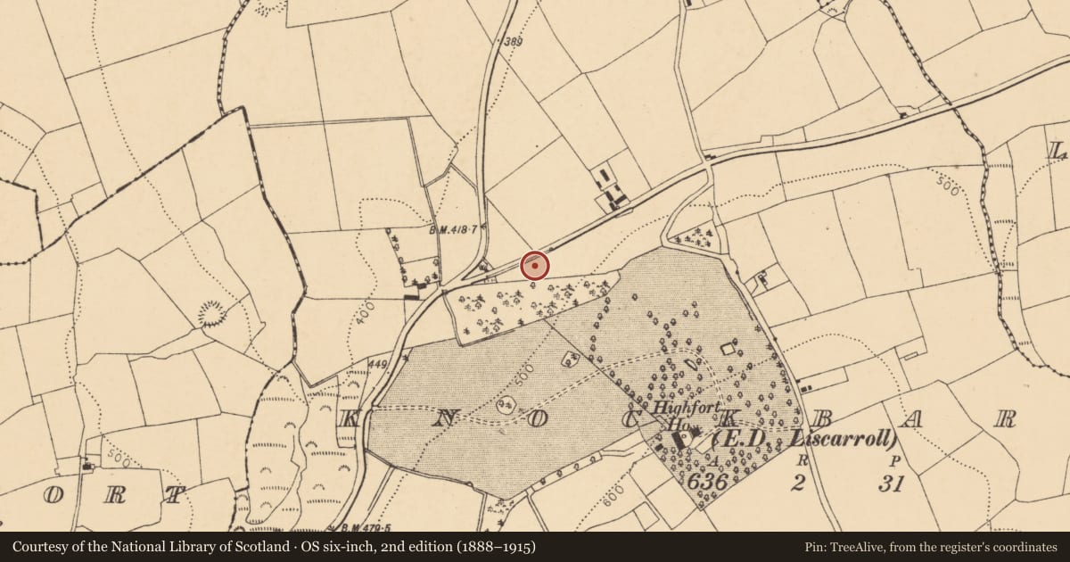 Ordnance Survey six-inch map, 2nd edition (1888–1915) covering the location of Fulacht fia, Knockbarry (Orrery and Kilmore By., Liscarroll Par.), County Cork, with a pin at the register's coordinates