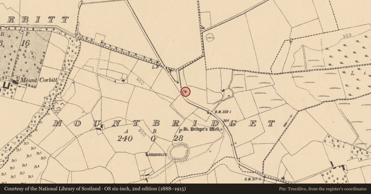 Ordnance Survey six-inch map, 2nd edition (1888–1915) covering the location of Fulacht fia, Mountbridget, County Cork, with a pin at the register's coordinates
