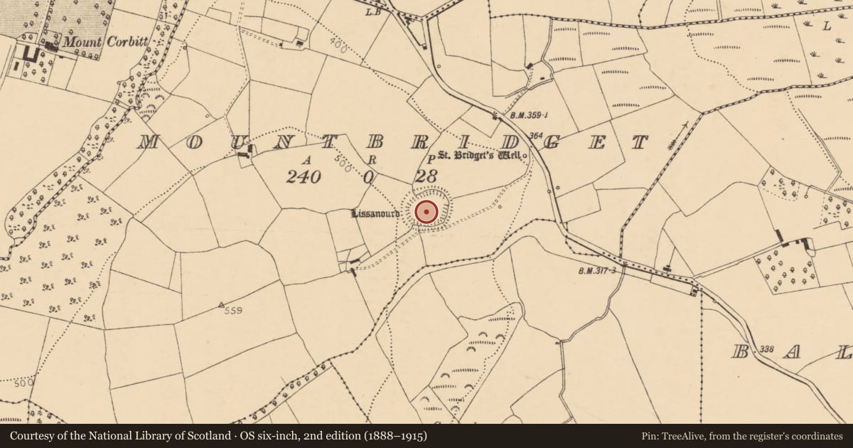Ordnance Survey six-inch map, 2nd edition (1888–1915) covering the location of Enclosure, Mountbridget, County Cork, with a pin at the register's coordinates