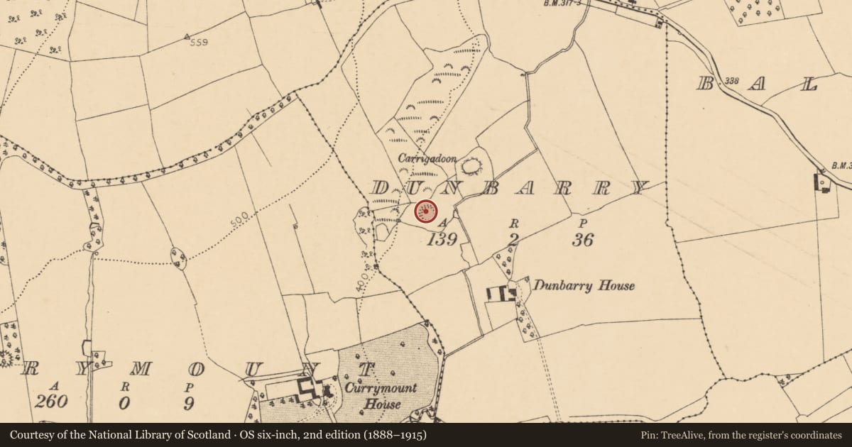 Ordnance Survey six-inch map, 2nd edition (1888–1915) covering the location of Ringfort - rath, Dunbarry, County Cork, with a pin at the register's coordinates